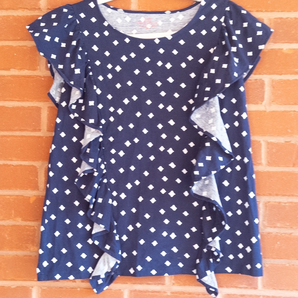 Vineyard Vines Navy Blue Ruffle Sleeve Top with White Diamond Pattern